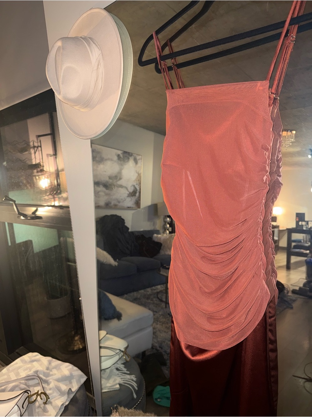 Lulu's Rust Satin Ruched Maxi Dress - Picture 6 of 9